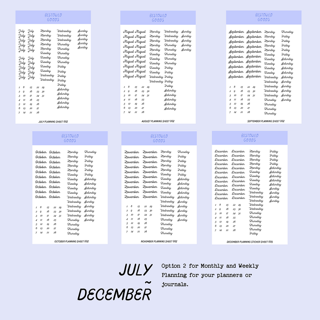 Monthly & Weekly Planning Sticker Sheets (July-December)