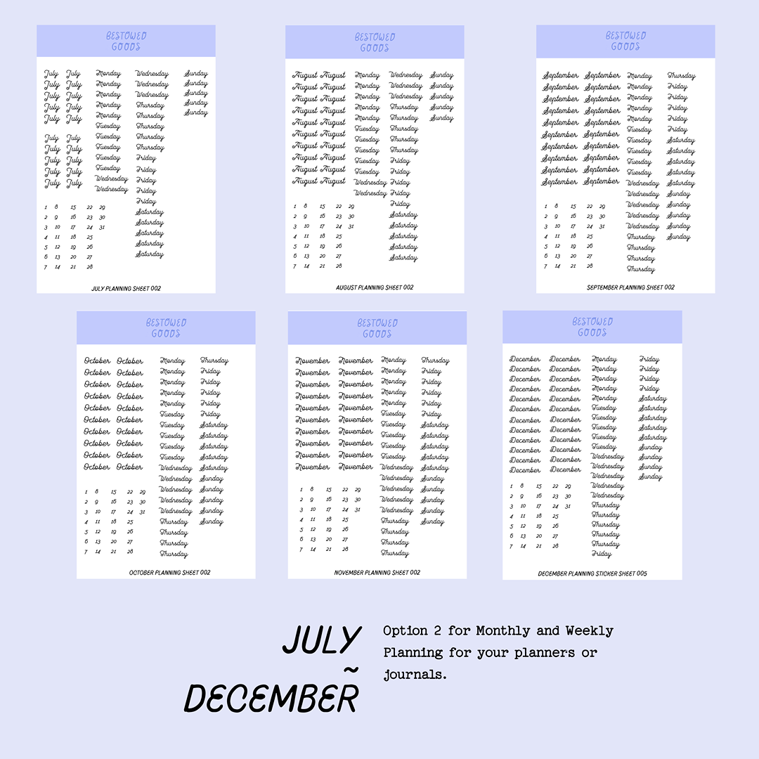 Monthly & Weekly Planning Sticker Sheets (July-December)
