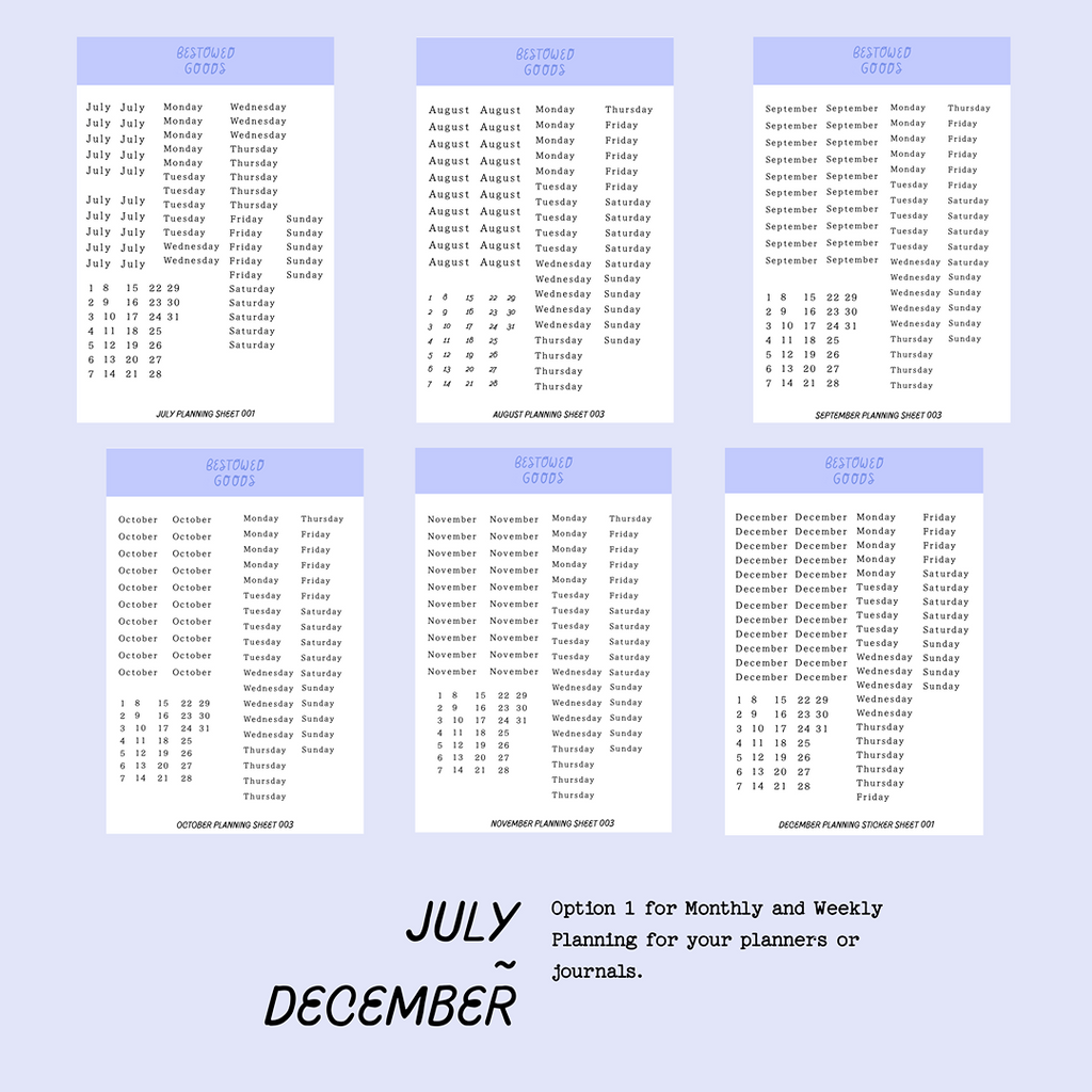 Monthly & Weekly Planning Sticker Sheets (July-December)