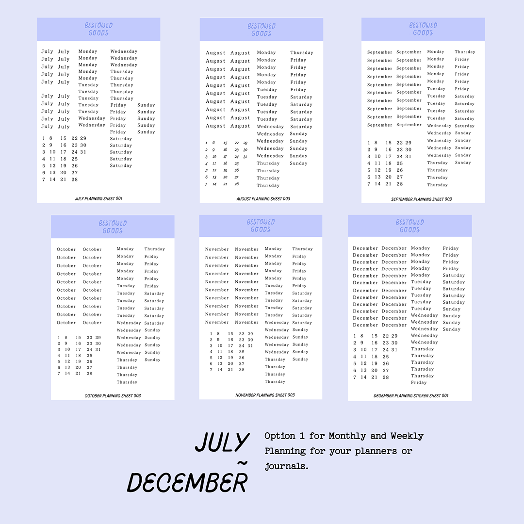 Monthly & Weekly Planning Sticker Sheets (July-December)