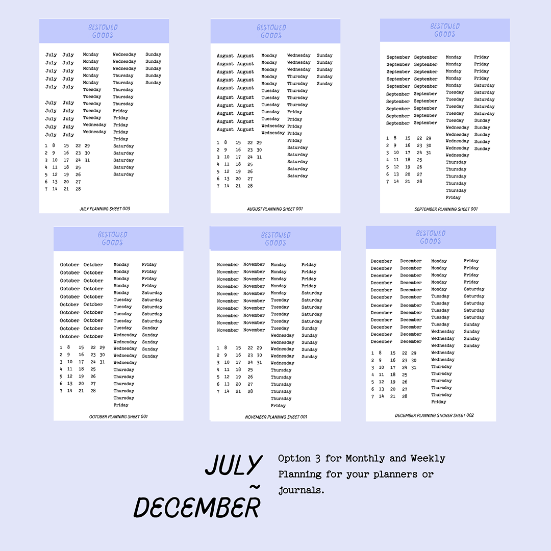 Monthly & Weekly Planning Sticker Sheets (July-December)